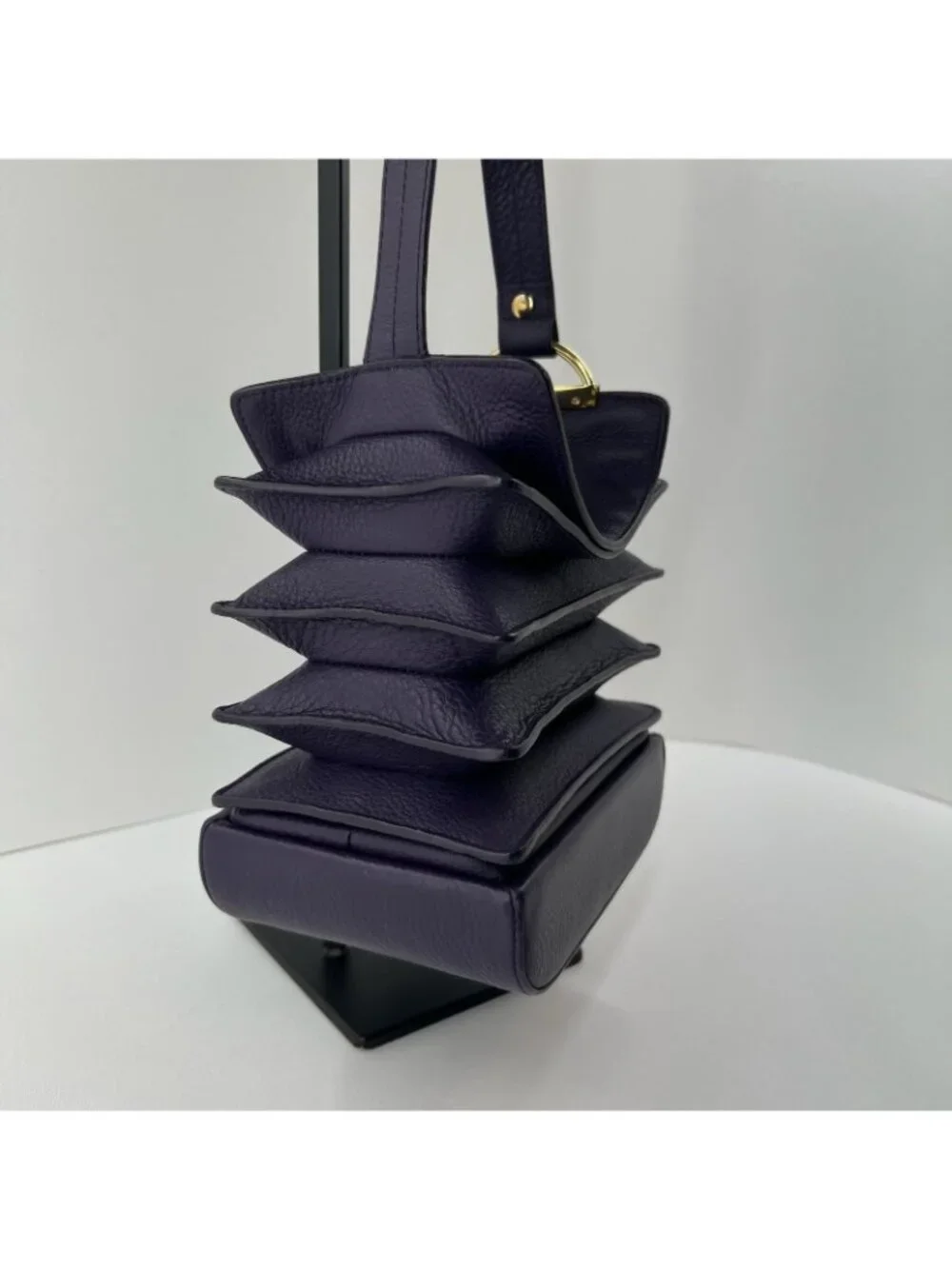 Bodhi Tiered Ruffle Hobo Shoulder Bag Womens Genuine Pebbled Leather Dark Purple